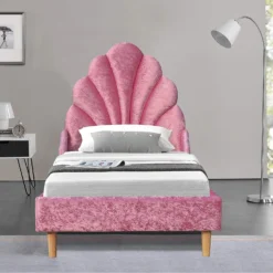 Cherry Tree Furniture ARIEL Pink Crushed Velvet Upholstered Kid's Princess Bed With Scalloped Headboard