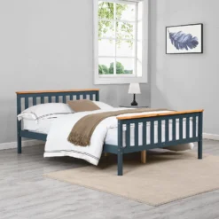 Marta Solid Wooden Shaker Style Double Bed In Blue And Oak