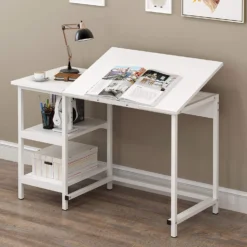 Atelier Adjustable Desk With Shelves In White