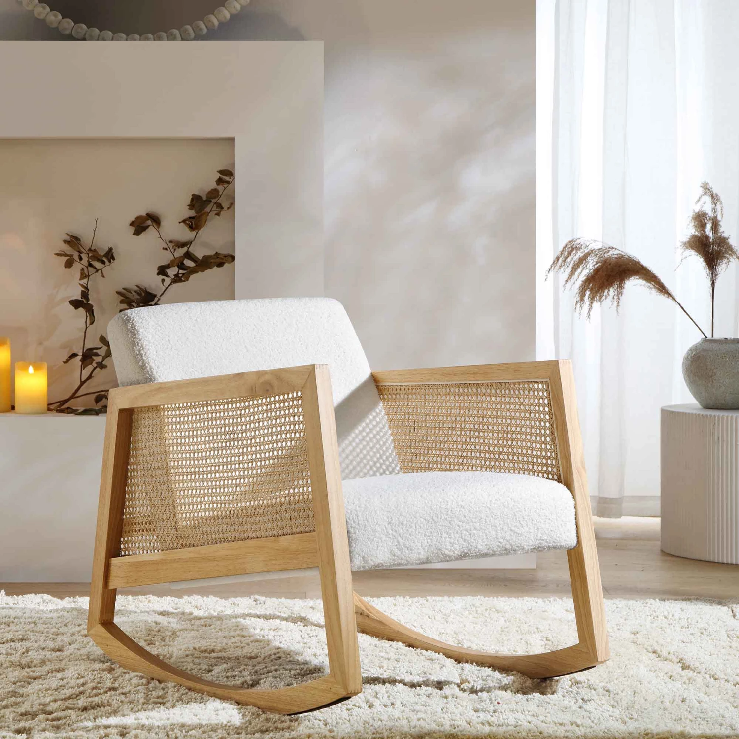 Fyne Ecru Boucle Rocking Armchair With Rattan Armrests