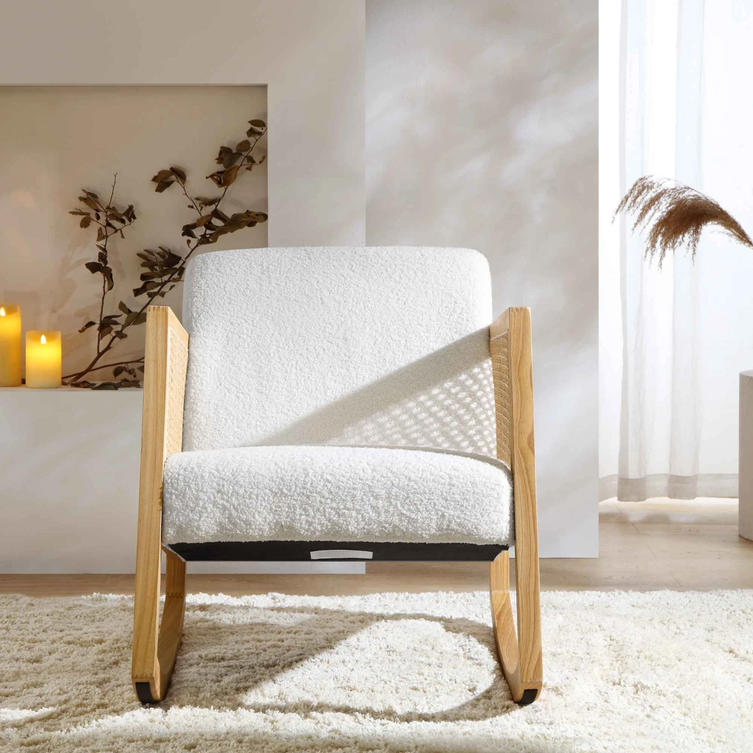 Fyne Ecru Boucle Rocking Armchair With Rattan Armrests 2 Fyne Ecru Boucle Rocking Armchair With Rattan Armrests - Image 2