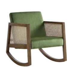 Fyne Moss Green Velvet Rocking Armchair With Rattan Armrests 13 Fyne Moss Green Velvet Rocking Armchair With Rattan Armrests -Fame Furni Sales ACH 40 GREEN WALN WB1