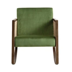 Fyne Moss Green Velvet Rocking Armchair With Rattan Armrests 15 Fyne Moss Green Velvet Rocking Armchair With Rattan Armrests -Fame Furni Sales ACH 40 GREEN WALN WB2