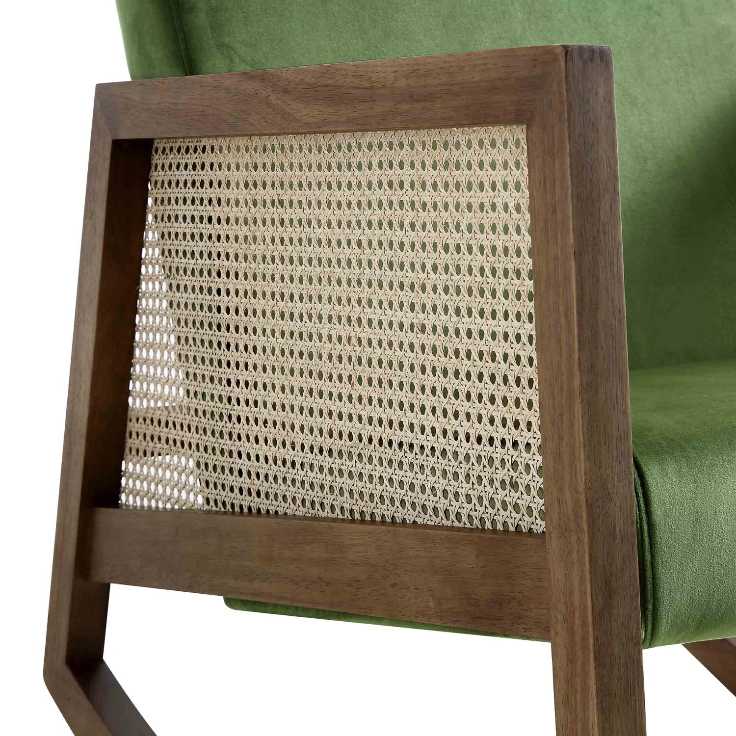 Fyne Moss Green Velvet Rocking Armchair With Rattan Armrests 9 Fyne Moss Green Velvet Rocking Armchair With Rattan Armrests - Image 9