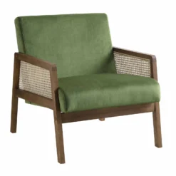 Fyne Moss Green Velvet Walnut Frame Rattan Armchair -Fame Furni Sales ACH 608 GREENVEL WALN WB1