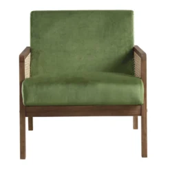 Fyne Moss Green Velvet Walnut Frame Rattan Armchair -Fame Furni Sales ACH 608 GREENVEL WALN WB2