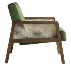 Fyne Moss Green Velvet Walnut Frame Rattan Armchair -Fame Furni Sales ACH 608 GREENVEL WALN WB3