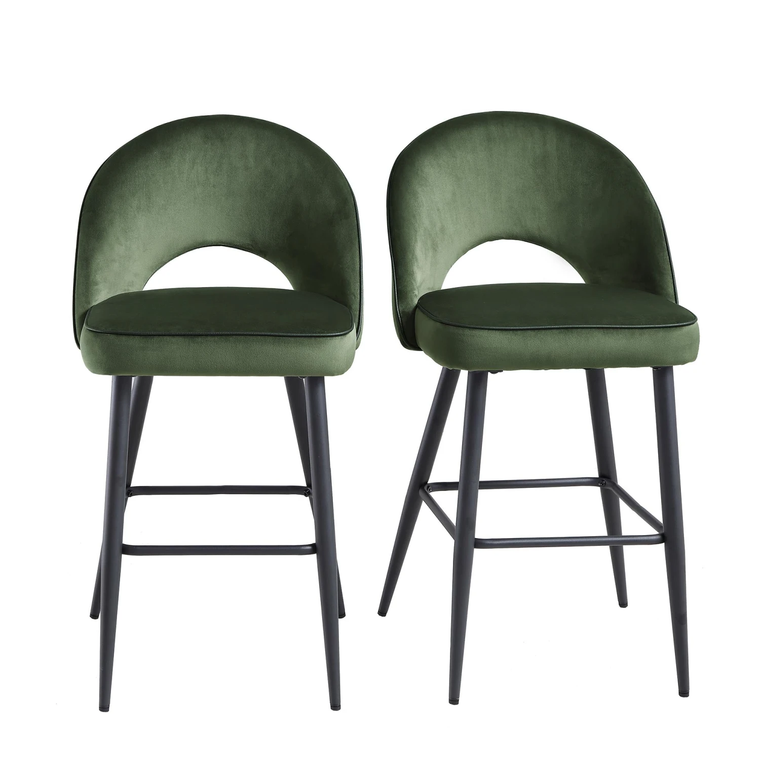 Oakley Set Of 2 Dark Green Velvet Upholstered Counter Stools With Contrast Piping 2 Oakley Set Of 2 Dark Green Velvet Upholstered Counter Stools With Contrast Piping - Image 2