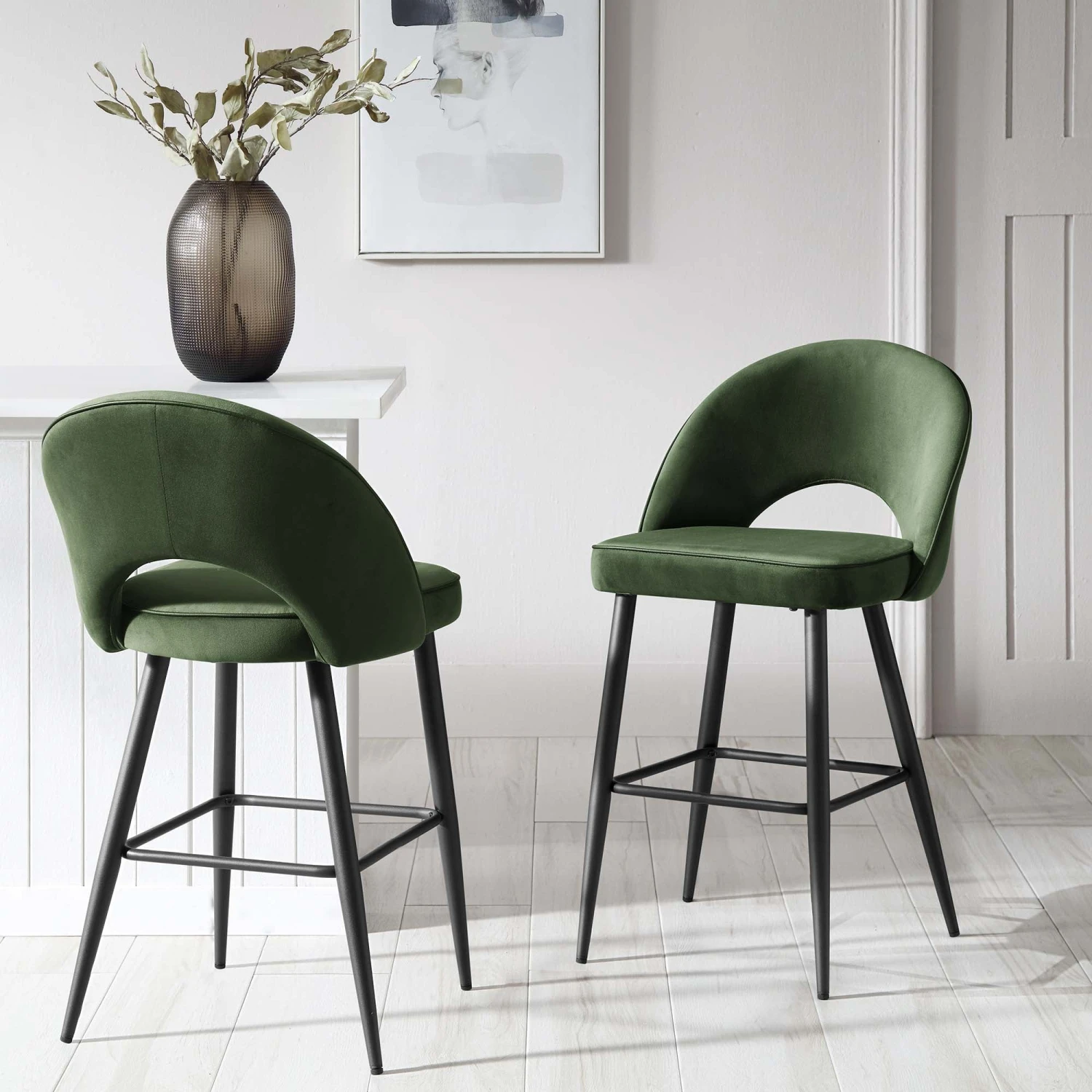 Oakley Set Of 2 Dark Green Velvet Upholstered Counter Stools With Contrast Piping 1 Oakley Set Of 2 Dark Green Velvet Upholstered Counter Stools With Contrast Piping