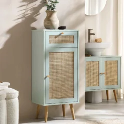 Frances Woven Rattan 1-Door Bathroom Cabinet, Mint