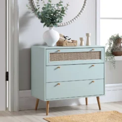 Anya Woven Rattan Chest Of 3 Drawer In Mint Colour