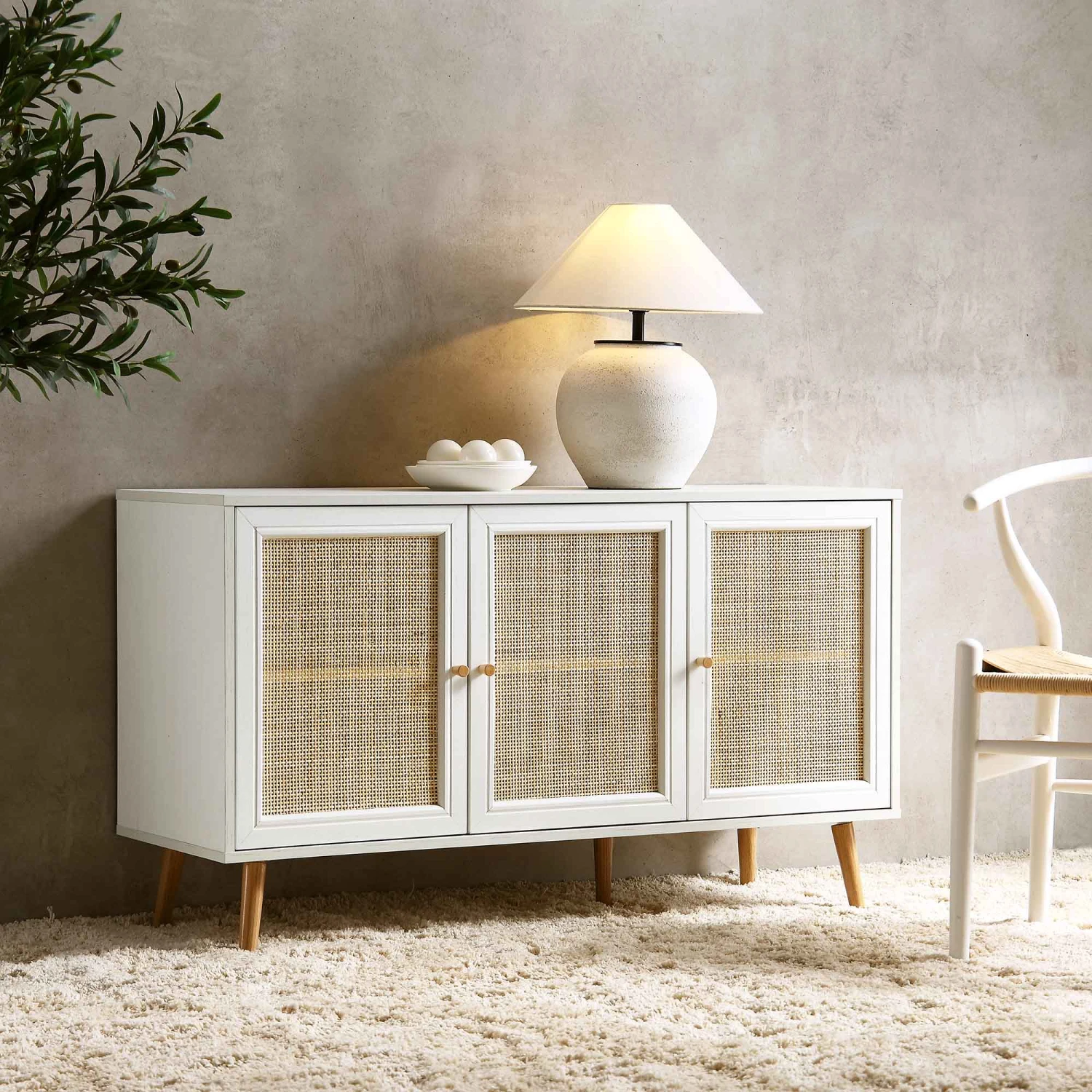 Frances Woven Rattan 3-Door Sideboard, White 1 Frances Woven Rattan 3-Door Sideboard, White