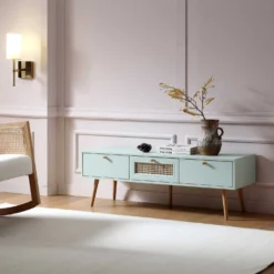 Anya Woven Rattan 3-Drawer TV Unit In Mint