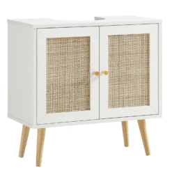 Frances Woven Rattan 2-Door Bathroom Undersink Unit, White -Fame Furni Sales FT UDS 01 WHITE WB1