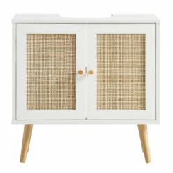 Frances Woven Rattan 2-Door Bathroom Undersink Unit, White -Fame Furni Sales FT UDS 01 WHITE WB2