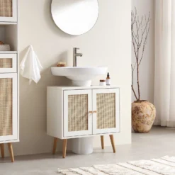 Frances Woven Rattan 2-Door Bathroom Undersink Unit, White