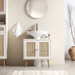 Frances Woven Rattan 2-Door Bathroom Undersink Unit, White -Fame Furni Sales FT UDS 01 WHITE scene2