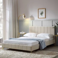 Sylvie Velvet Upholstered Bed Frame With Golden Chrome Legs, Champagne Velvet