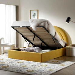 Archer Mustard Yellow Velvet Ottoman Storage Bed 15 Archer Mustard Yellow Velvet Ottoman Storage Bed -Fame Furni Sales JAH 09 MUSTVEL scene2
