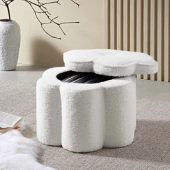 Pollie White Teddy Boucle Storage Stool -Fame Furni Sales POUF 291 WHITE TEDDY scene1