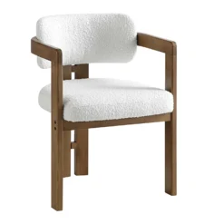 Stanford Curved Oak Frame Upholstered Chair, White Boucle Light Walnut Frame -Fame Furni Sales XNDCH 727 WHITE BOUCLE WB2