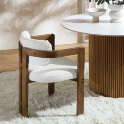 Stanford Curved Oak Frame Upholstered Chair, White Boucle Light Walnut Frame -Fame Furni Sales XNDCH 727 WHITE BOUCLE scene3