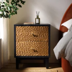 Bianca Chip Carved Bedside Table, Antique Bronze & Black