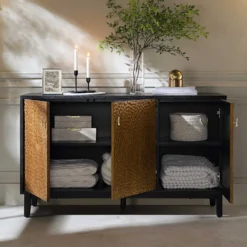 Bianca Chip Carved 3 Door Sideboard, Antique Bronze & Black -Fame Furni Sales XXSB 009 GOLD BLACK scene2